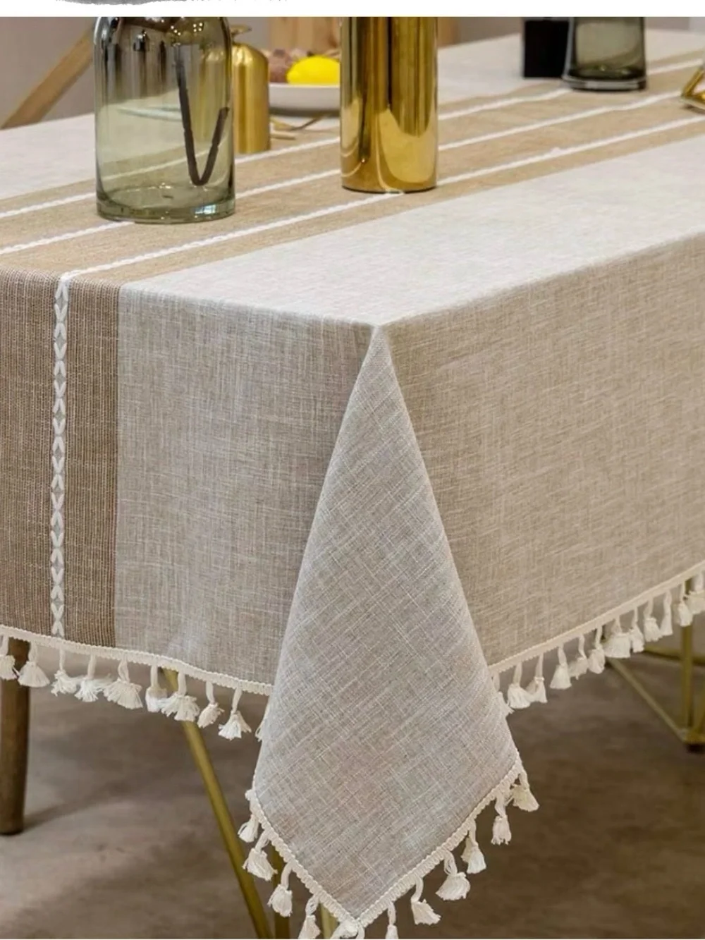 Beige Tassel Stripe Tablecloth - Home Dining